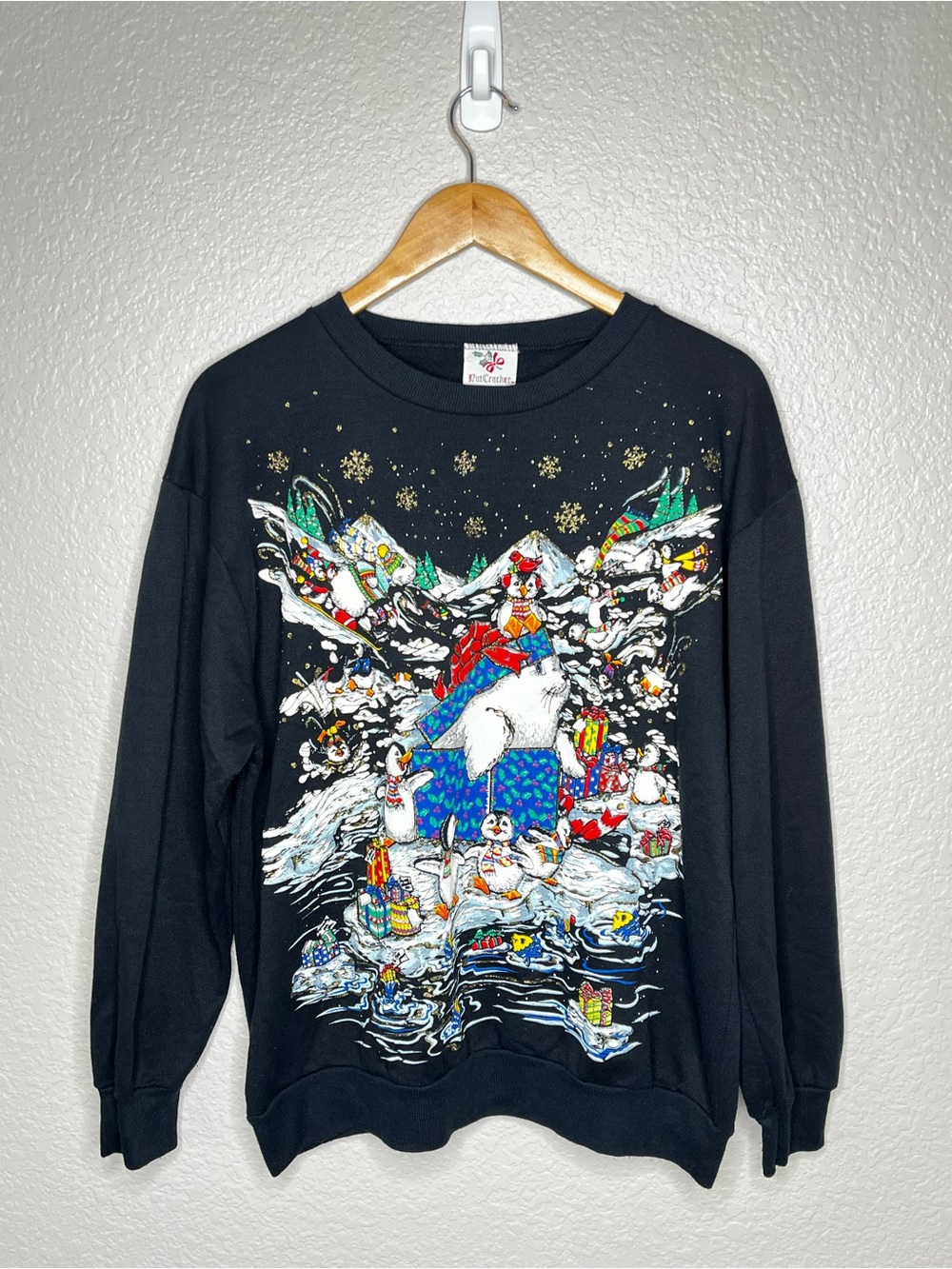Vintage NutCracker Ugly Christmas Sweatshirt Large Penguins Polar Bears USA L